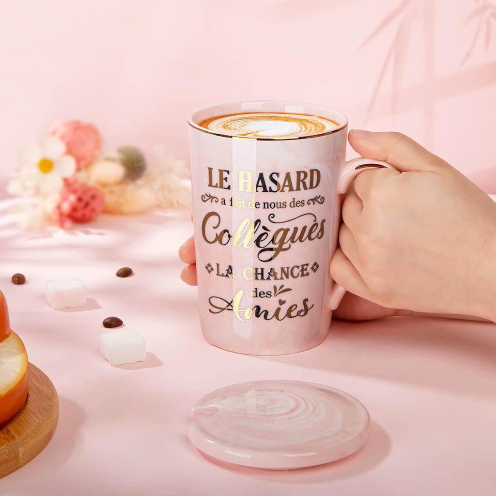 Cadeau Noël ou Départ Collègue Femme – Tasse 400 ml Rose Marbré avec Cuillère et Boîte Cadeau