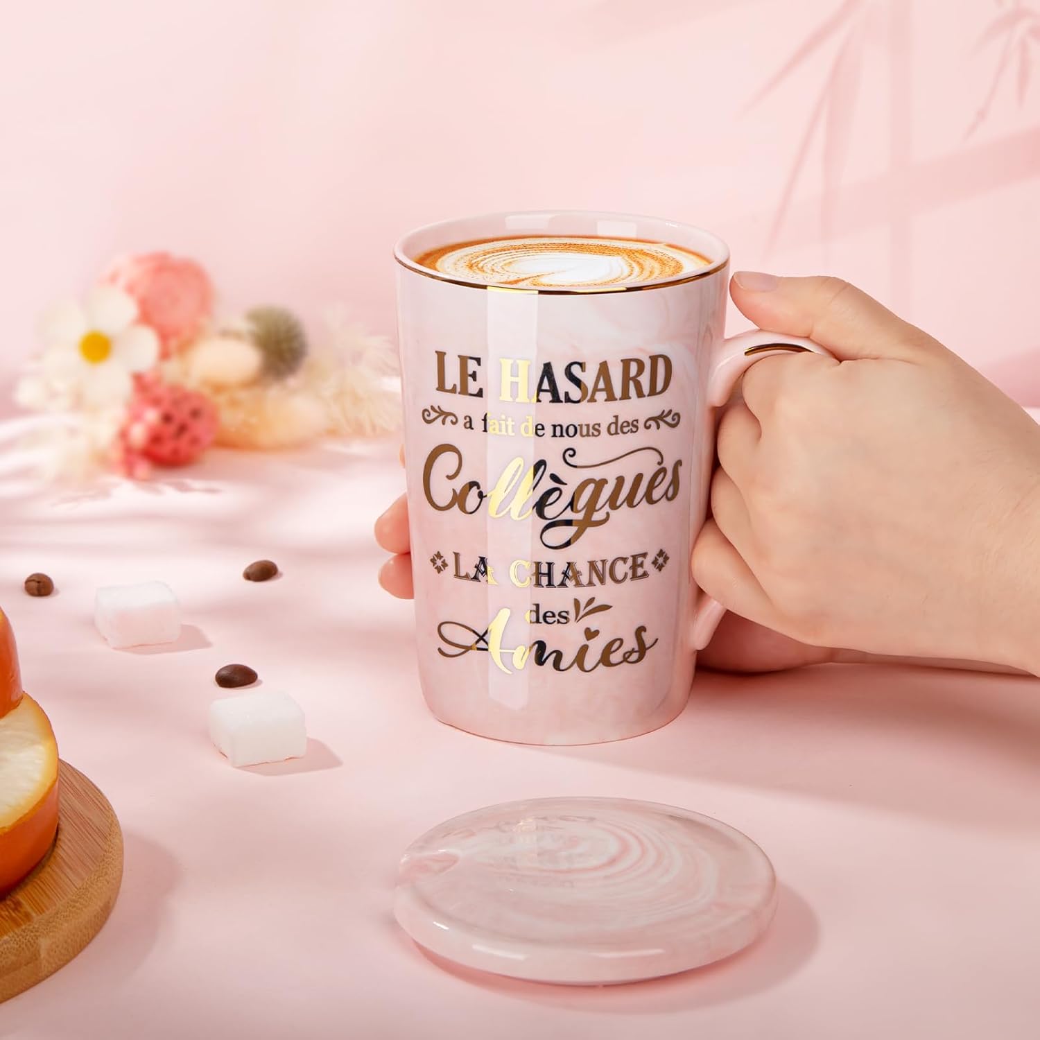 Cadeau Noël ou Départ Collègue Femme – Tasse 400 ml Rose Marbré avec Cuillère et Boîte Cadeau