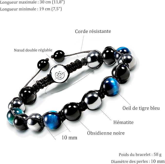 VGWON Bracelet Homme en Pierres Naturelles – Hématite, Oeil de Tigre et Obsidienne – Idée Cadeau pour Papa, Beau-Père, Grand-Père, Fils, Mari ou Copain