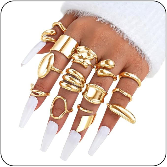 Lot de 14 Anneaux Dorés pour Femmes – Bagues Ouvertes Empilables
