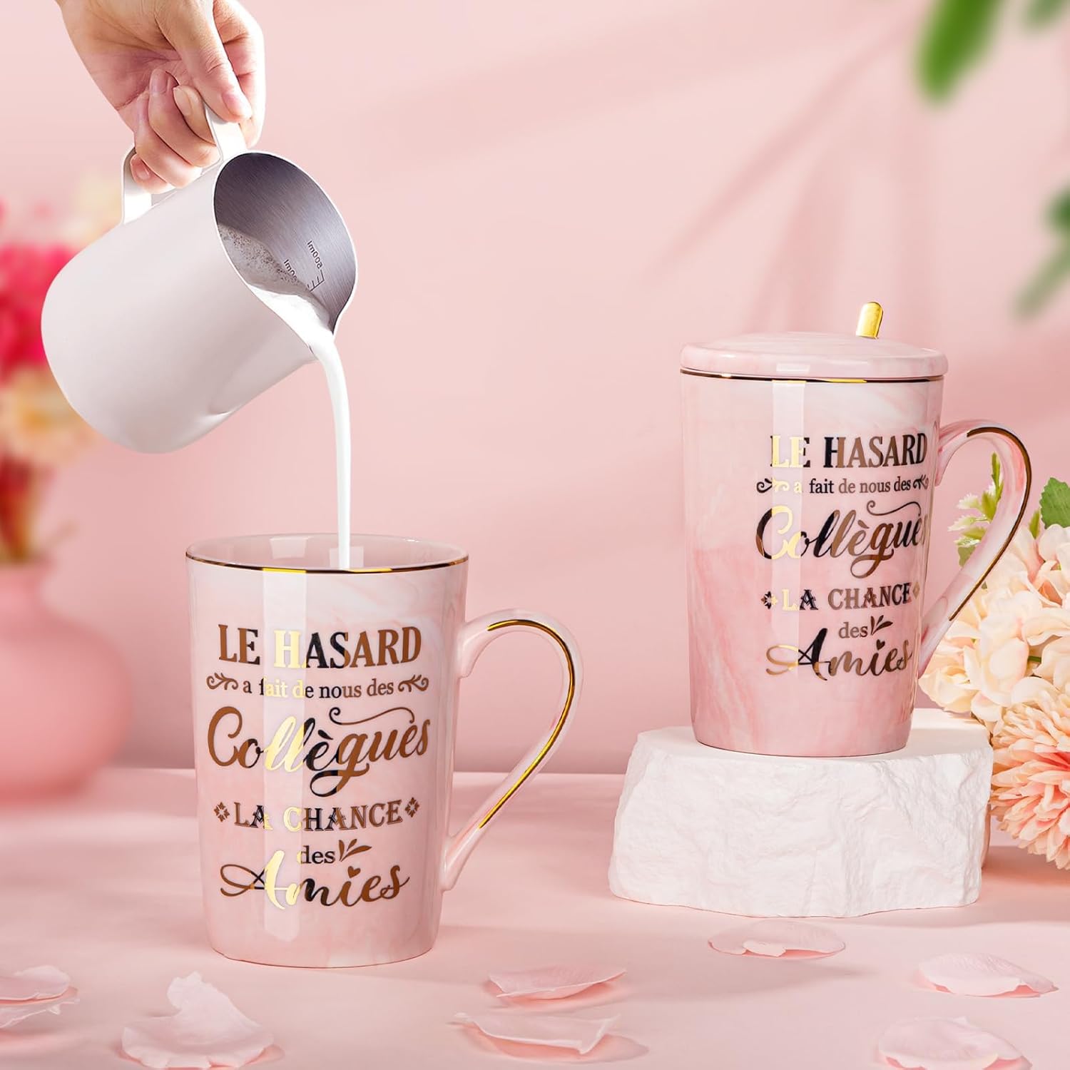 Cadeau Noël ou Départ Collègue Femme – Tasse 400 ml Rose Marbré avec Cuillère et Boîte Cadeau