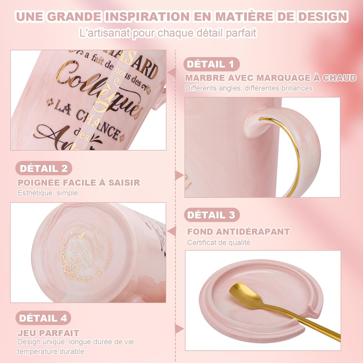 Cadeau Noël ou Départ Collègue Femme – Tasse 400 ml Rose Marbré avec Cuillère et Boîte Cadeau
