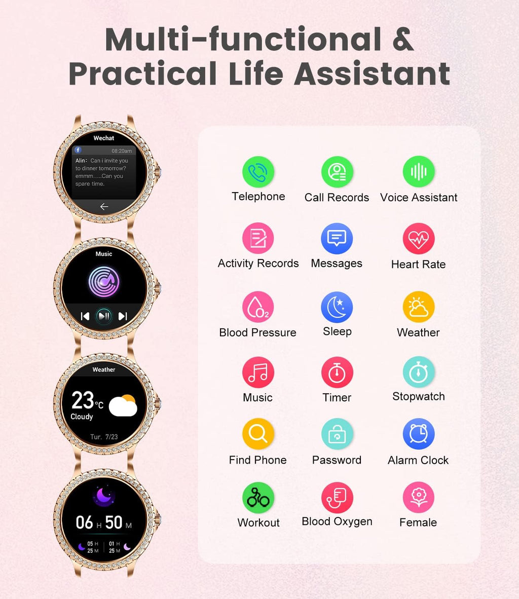 LIGE – Montre Connectée Femme Bluetooth – Smartwatch Élégante Rose Or Diamant