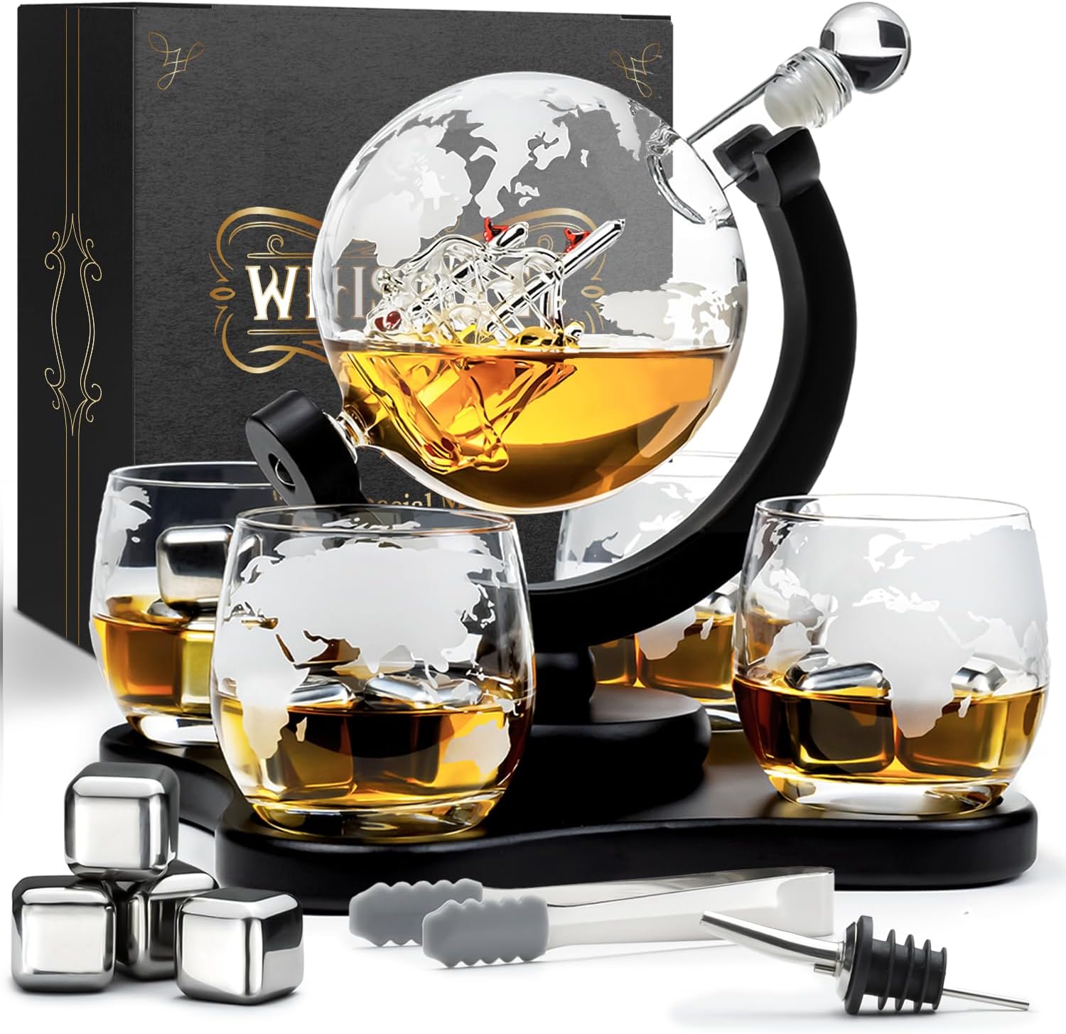 Whisiskey Coffret Cadeau Homme – Carafe à Whisky 900ml avec 2 Verres et 8 Pierres à Whisky – Accessoires de Bar Luxueux pour Noël ou Cadeau Spécial