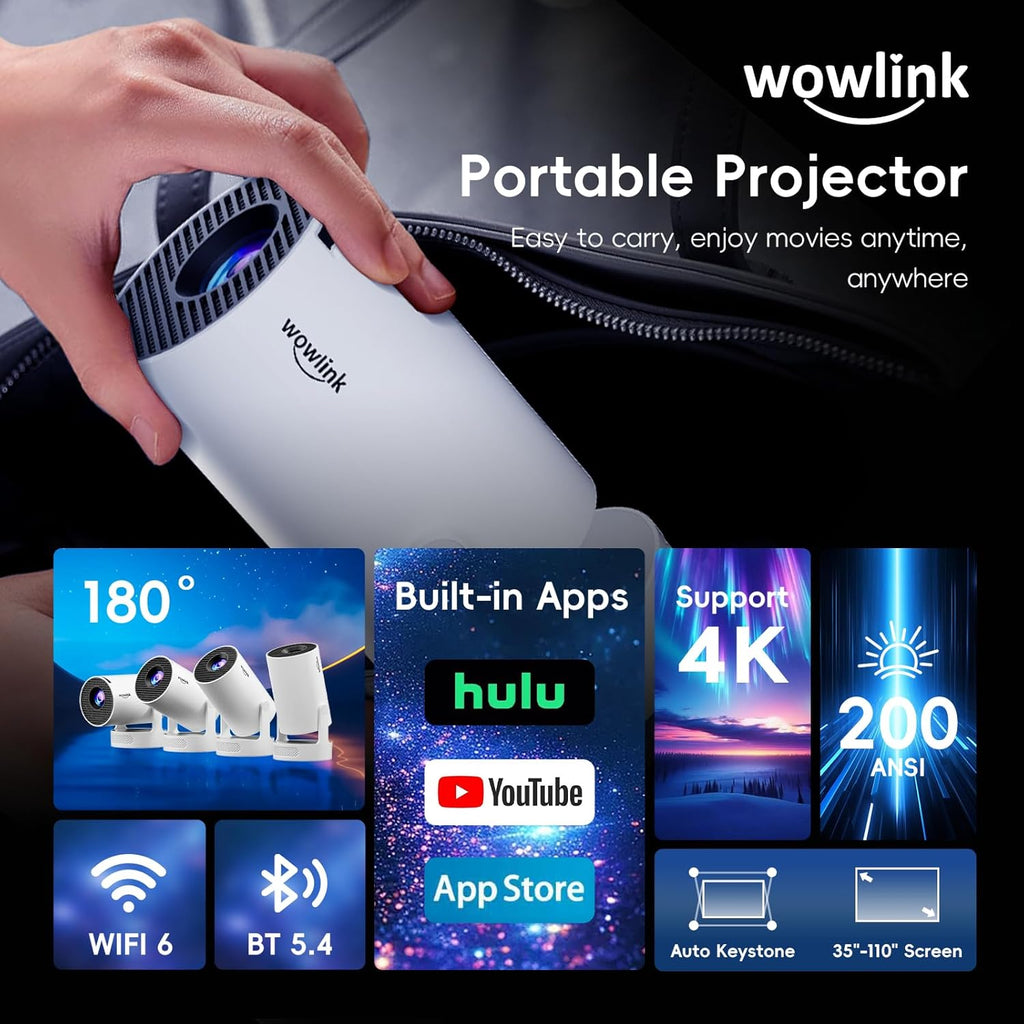 Vidéoprojecteur Mini WiFi 6 Bluetooth 5.4 – 4K Supporté 1080P – Trapèze Auto & Rotation 180° – Compatible TV Stick, HDMI, PC – Blanc