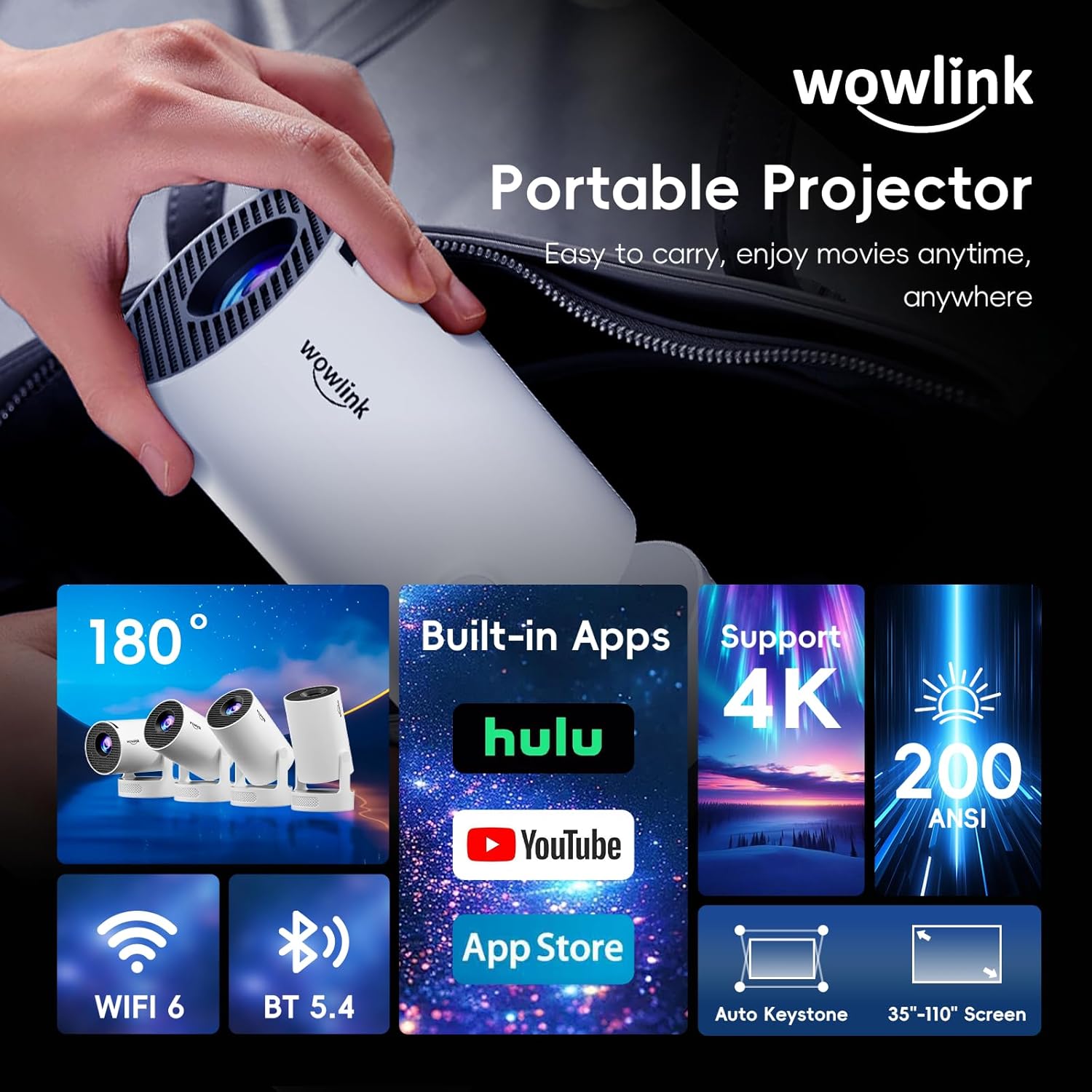 Vidéoprojecteur Mini WiFi 6 Bluetooth 5.4 – 4K Supporté 1080P – Trapèze Auto & Rotation 180° – Compatible TV Stick, HDMI, PC – Blanc
