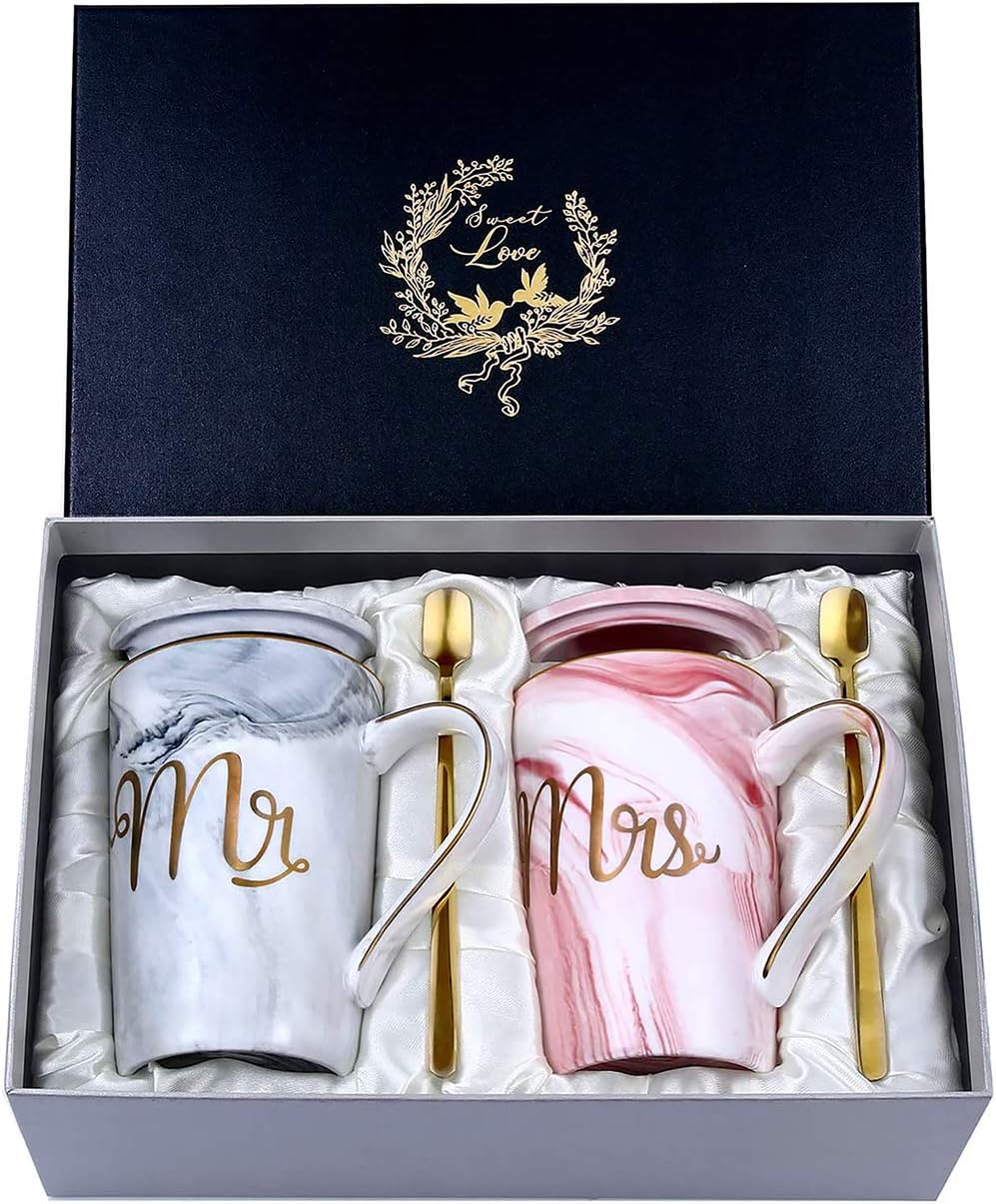 Cadeau Noël ou Départ Collègue Femme – Tasse 400 ml Rose Marbré avec Cuillère et Boîte Cadeau