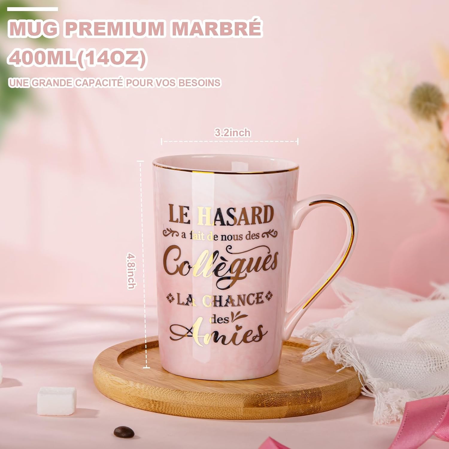 Cadeau Noël ou Départ Collègue Femme – Tasse 400 ml Rose Marbré avec Cuillère et Boîte Cadeau