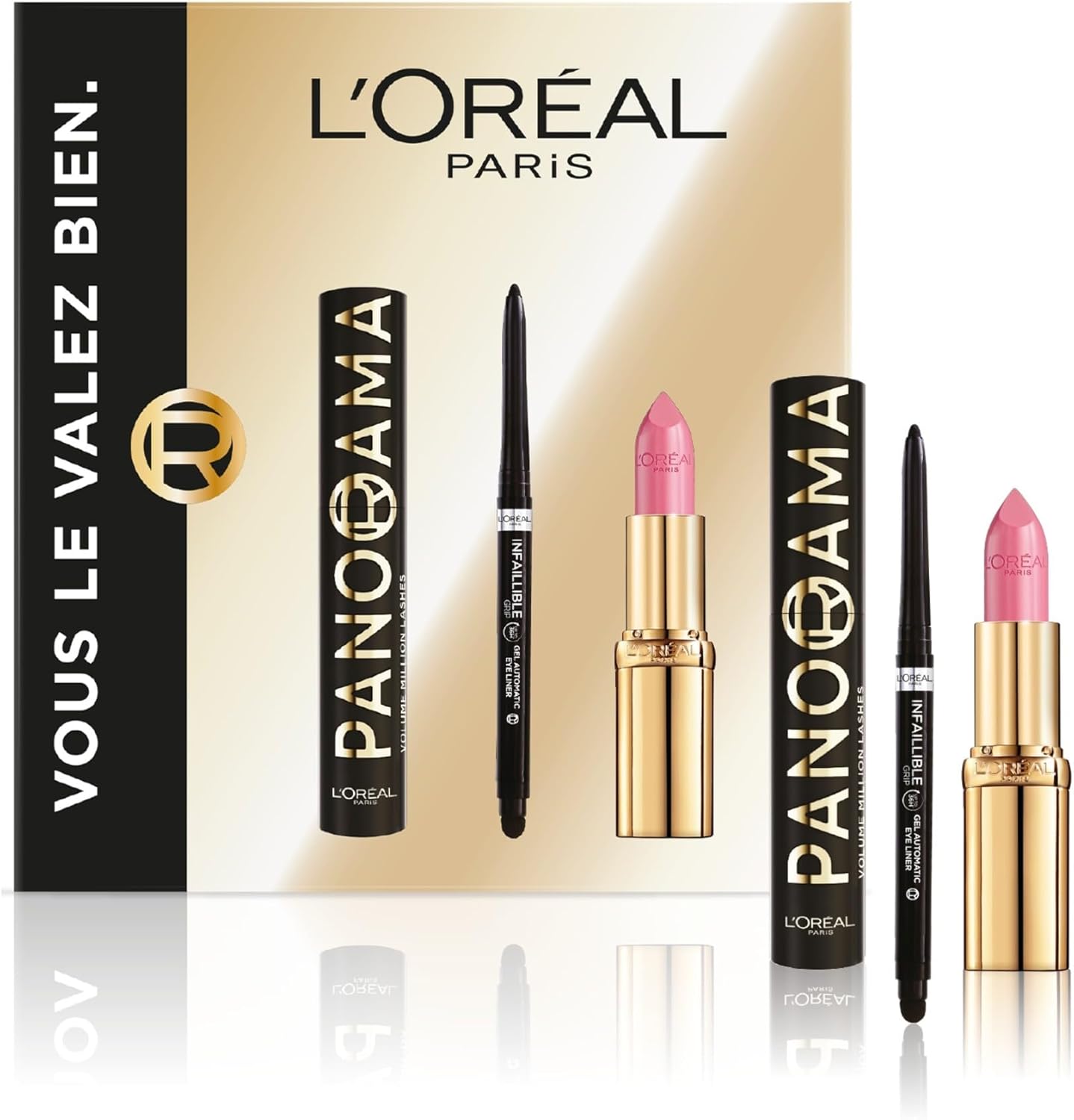 L'Oréal Paris Coffret Cadeau Femme – Mascara Panorama All Night Black, Eyeliner Infaillible Grip Liner Noir & Rouge à Lèvres Color Riche Satin Rose Tendre