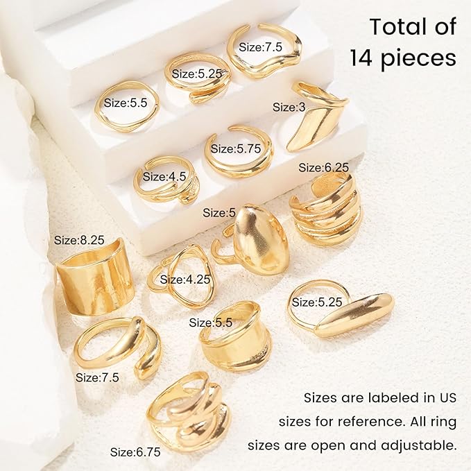 Lot de 14 Anneaux Dorés pour Femmes – Bagues Ouvertes Empilables