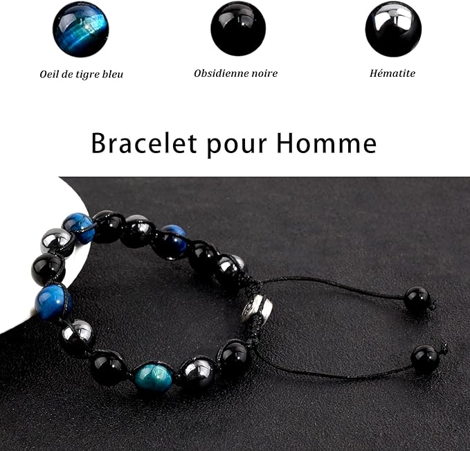 VGWON Bracelet Homme en Pierres Naturelles – Hématite, Oeil de Tigre et Obsidienne – Idée Cadeau pour Papa, Beau-Père, Grand-Père, Fils, Mari ou Copain