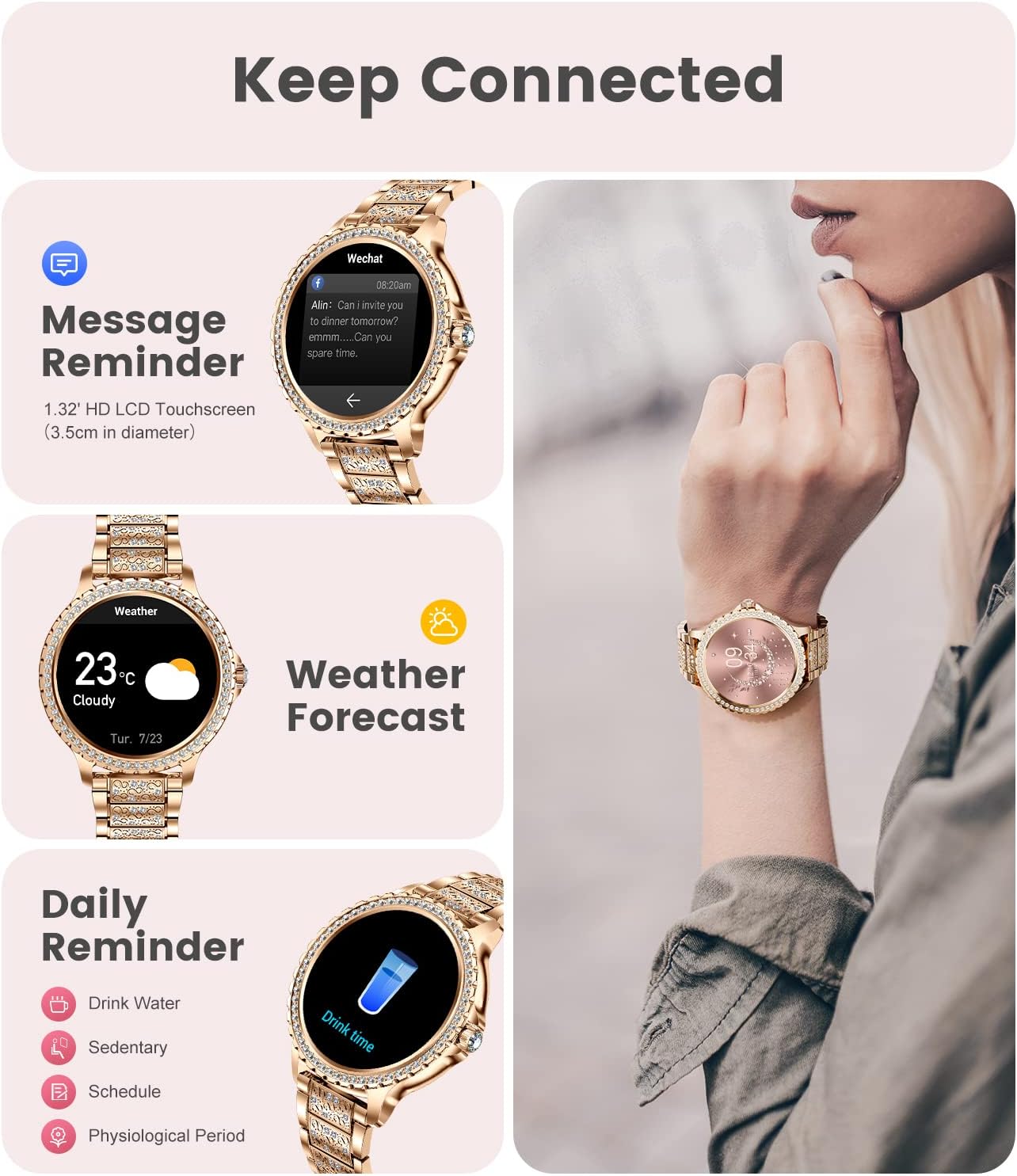 LIGE – Montre Connectée Femme Bluetooth – Smartwatch Élégante Rose Or Diamant
