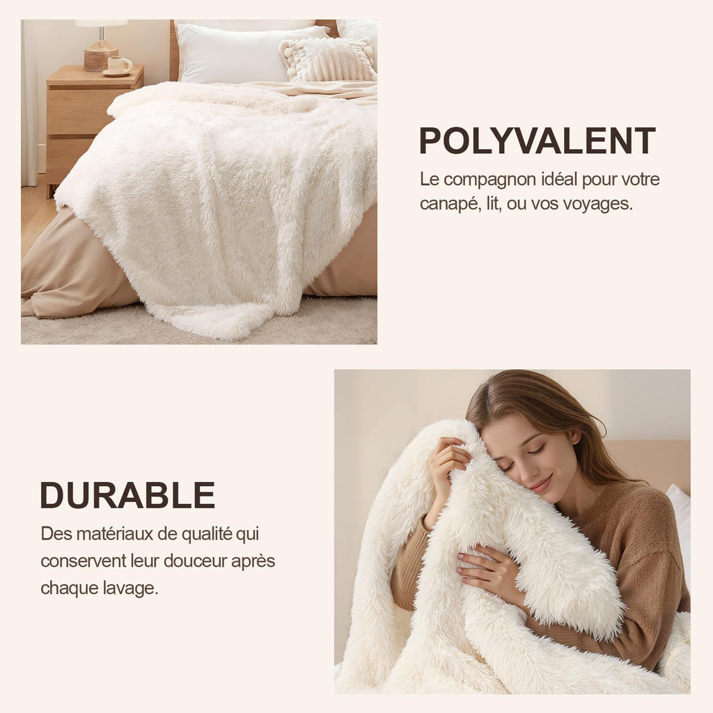 Plaid Fourrure Blanc 160x200 cm – Couverture Polaire Épaisse et Douce pour Lit Double, Réversible, Idée Cadeau Élégante