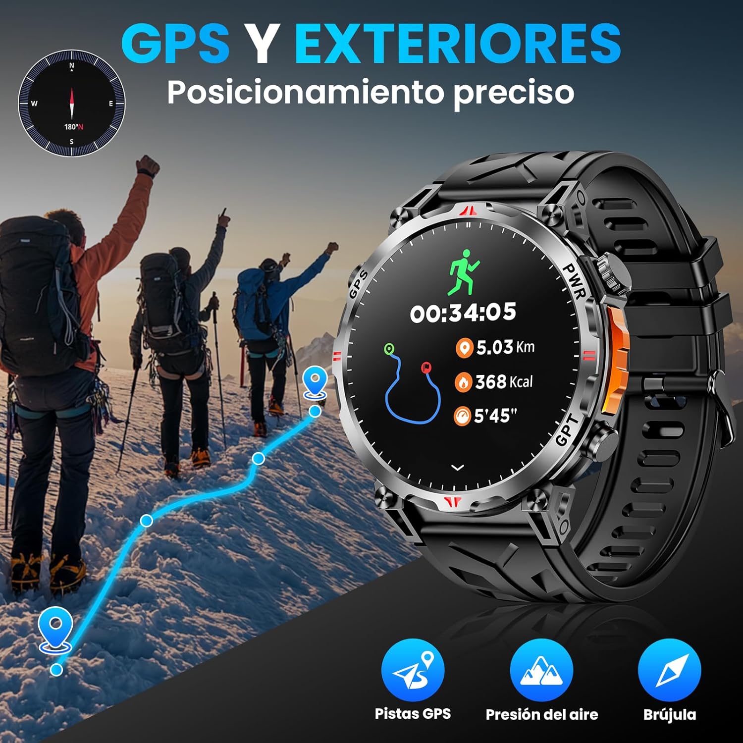 Montre Intelligente Militaire avec GPS & Boussole – Assistant Vocal GPT – Écran AMOLED 1,56" – Noir