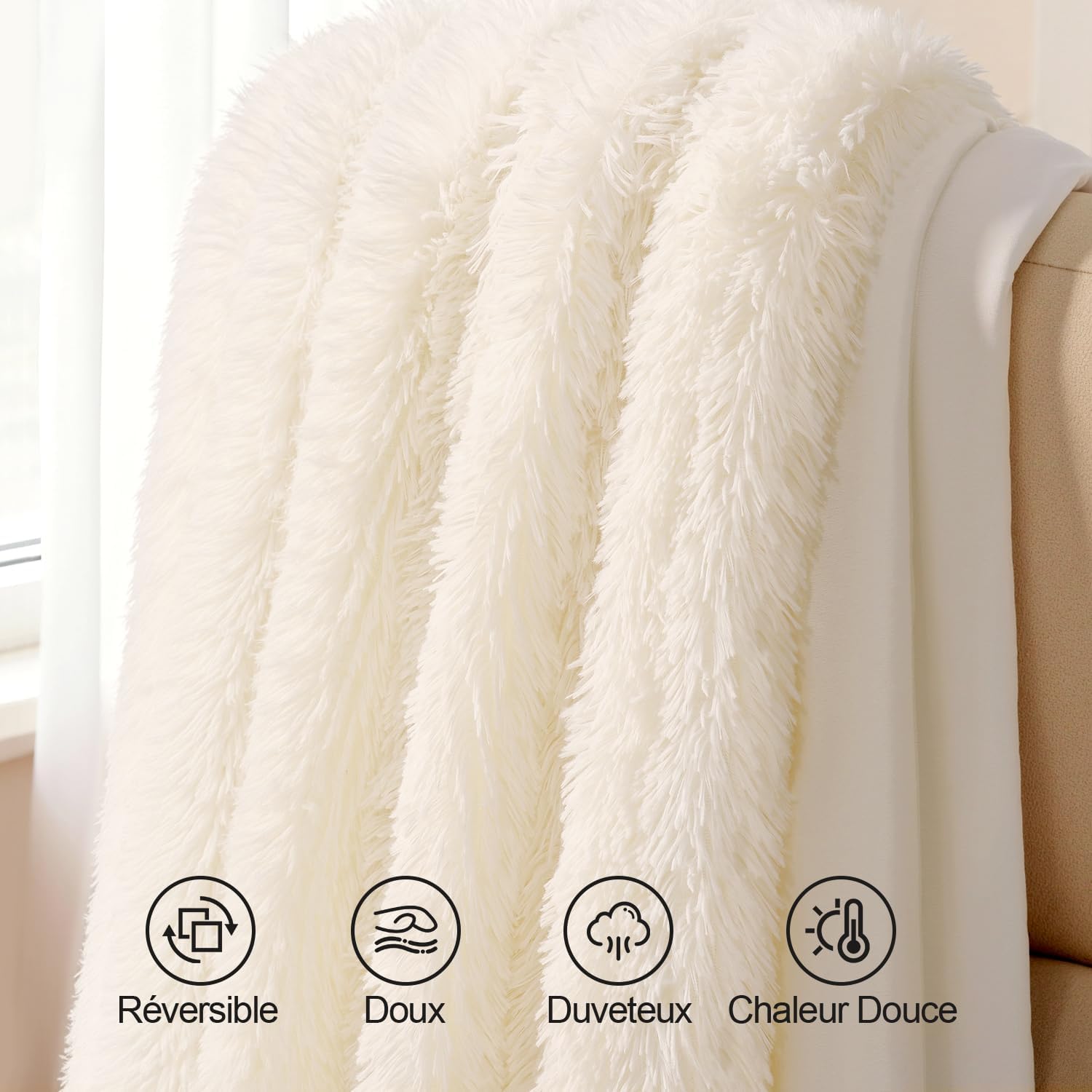 Plaid Fourrure Blanc 160x200 cm – Couverture Polaire Épaisse et Douce pour Lit Double, Réversible, Idée Cadeau Élégante