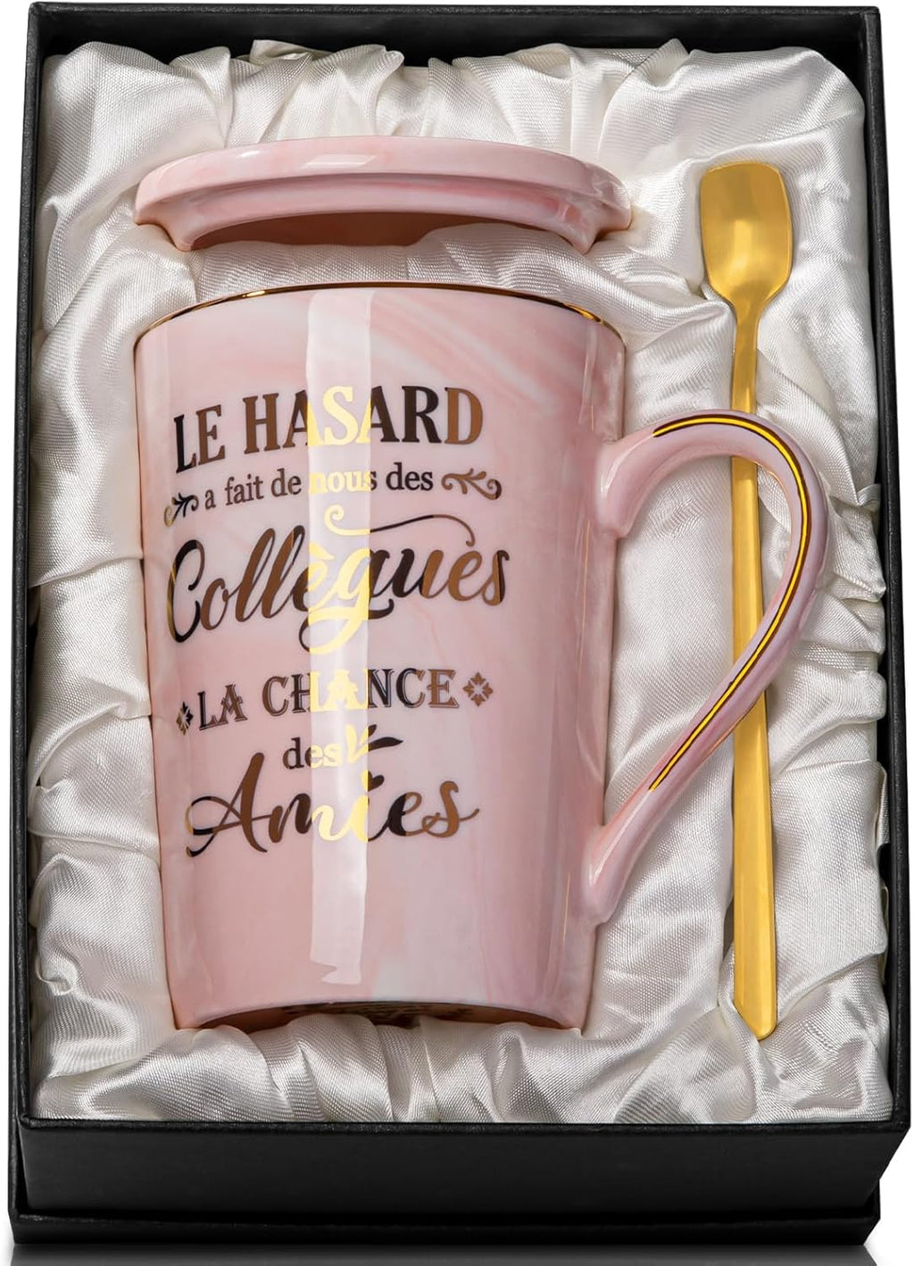 Cadeau Noël ou Départ Collègue Femme – Tasse 400 ml Rose Marbré avec Cuillère et Boîte Cadeau