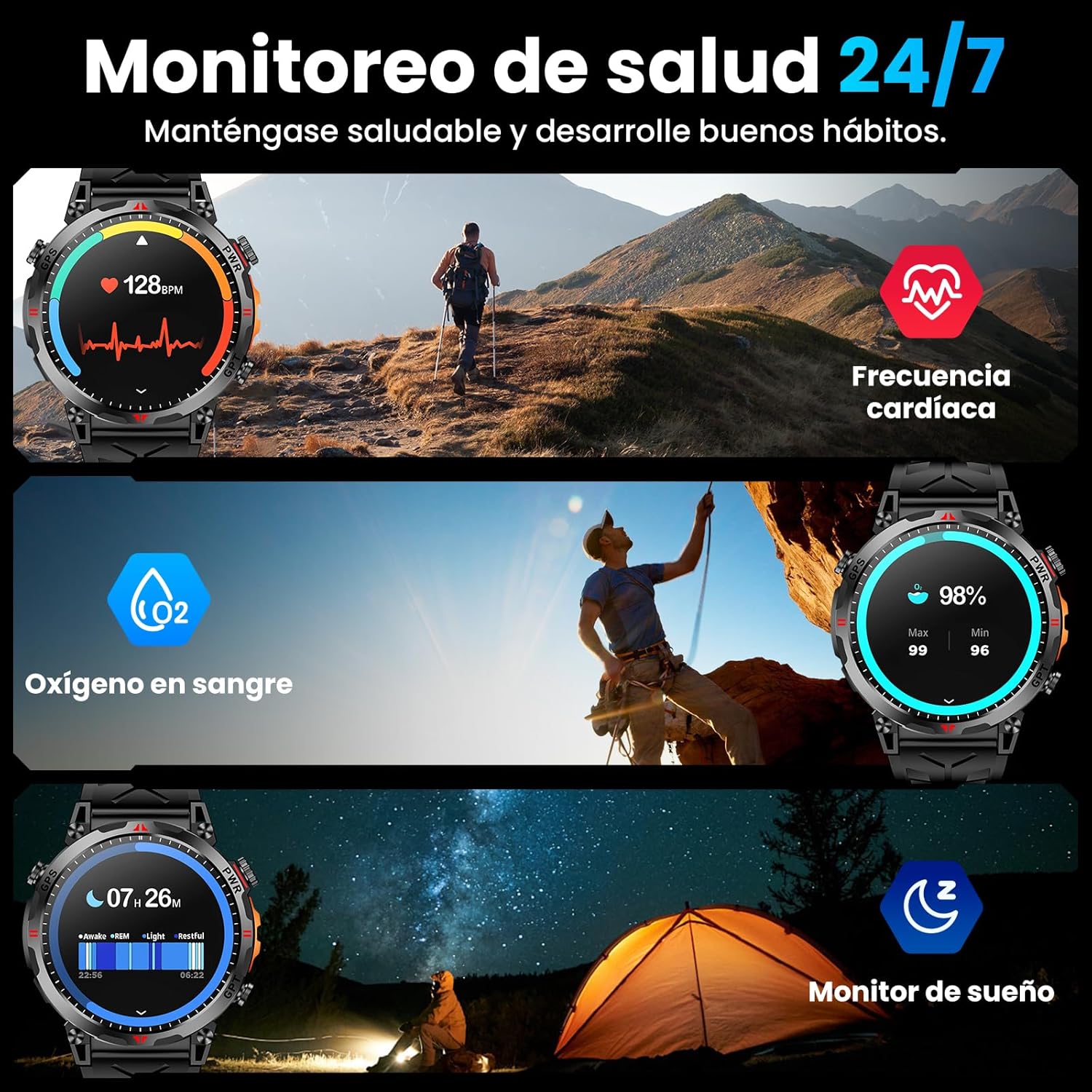 Montre Intelligente Militaire avec GPS & Boussole – Assistant Vocal GPT – Écran AMOLED 1,56" – Noir