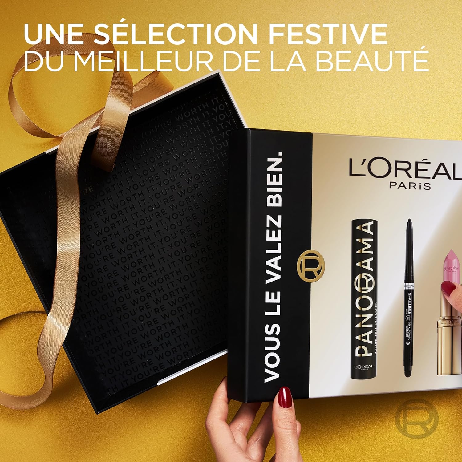 L'Oréal Paris Coffret Cadeau Femme – Mascara Panorama All Night Black, Eyeliner Infaillible Grip Liner Noir & Rouge à Lèvres Color Riche Satin Rose Tendre