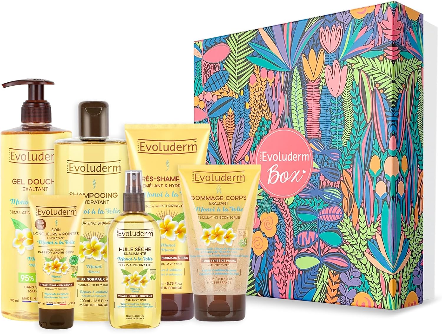 EVOLUDERM Coffret Cadeau Bain Femme Monoï de Tahiti – 6 Produits Corps & Cheveux avec Gant Exfoliant Offert – Cadeau Naturel pour Noël, Anniversaire, Fête des Mères (Magic Forest)