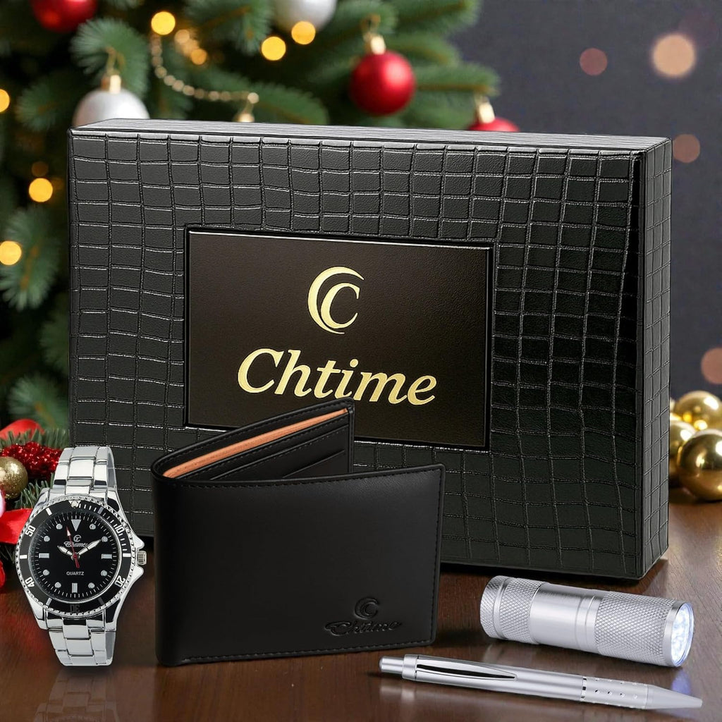 BELLOS Coffret Cadeau Homme – Montre Noire, Lampe LED, Portefeuille et Stylo – Idée Cadeau Élégant et Complète
