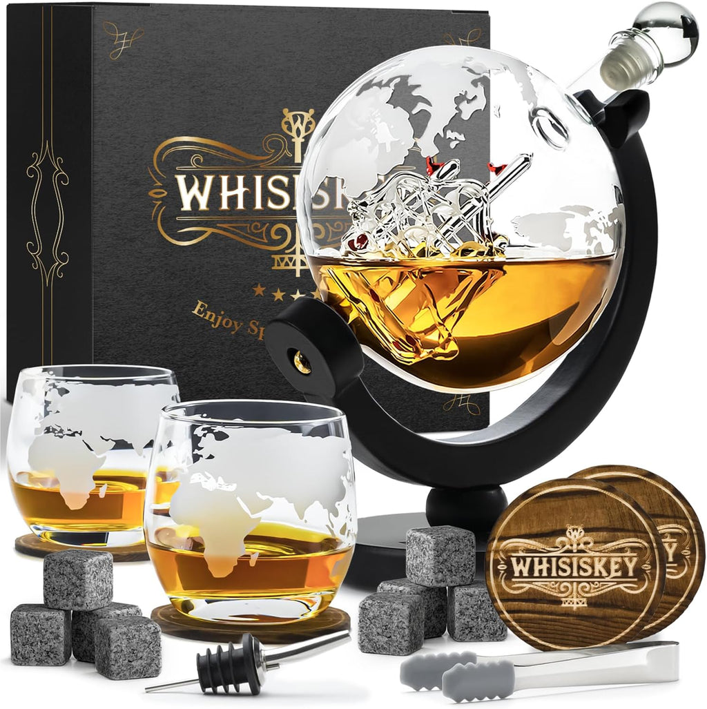 Whisiskey Coffret Cadeau Homme – Carafe à Whisky 900ml avec 2 Verres et 8 Pierres à Whisky – Accessoires de Bar Luxueux pour Noël ou Cadeau Spécial
