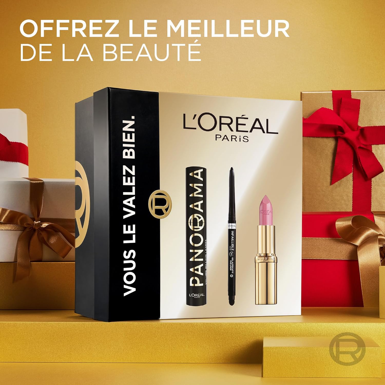 L'Oréal Paris Coffret Cadeau Femme – Mascara Panorama All Night Black, Eyeliner Infaillible Grip Liner Noir & Rouge à Lèvres Color Riche Satin Rose Tendre