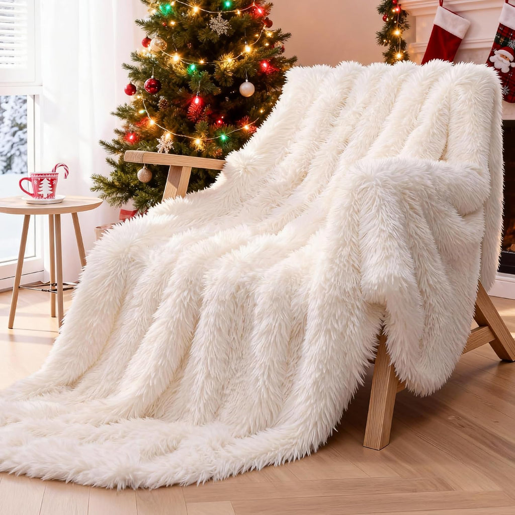 Plaid Fourrure Blanc 160x200 cm – Couverture Polaire Épaisse et Douce pour Lit Double, Réversible, Idée Cadeau Élégante