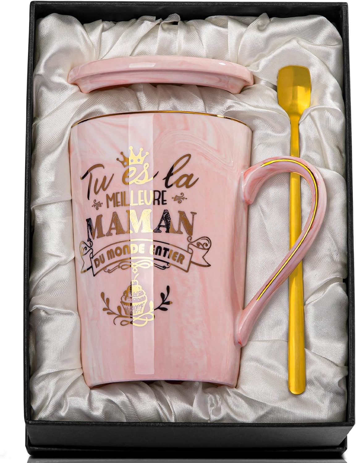Cadeau Noël ou Départ Collègue Femme – Tasse 400 ml Rose Marbré avec Cuillère et Boîte Cadeau