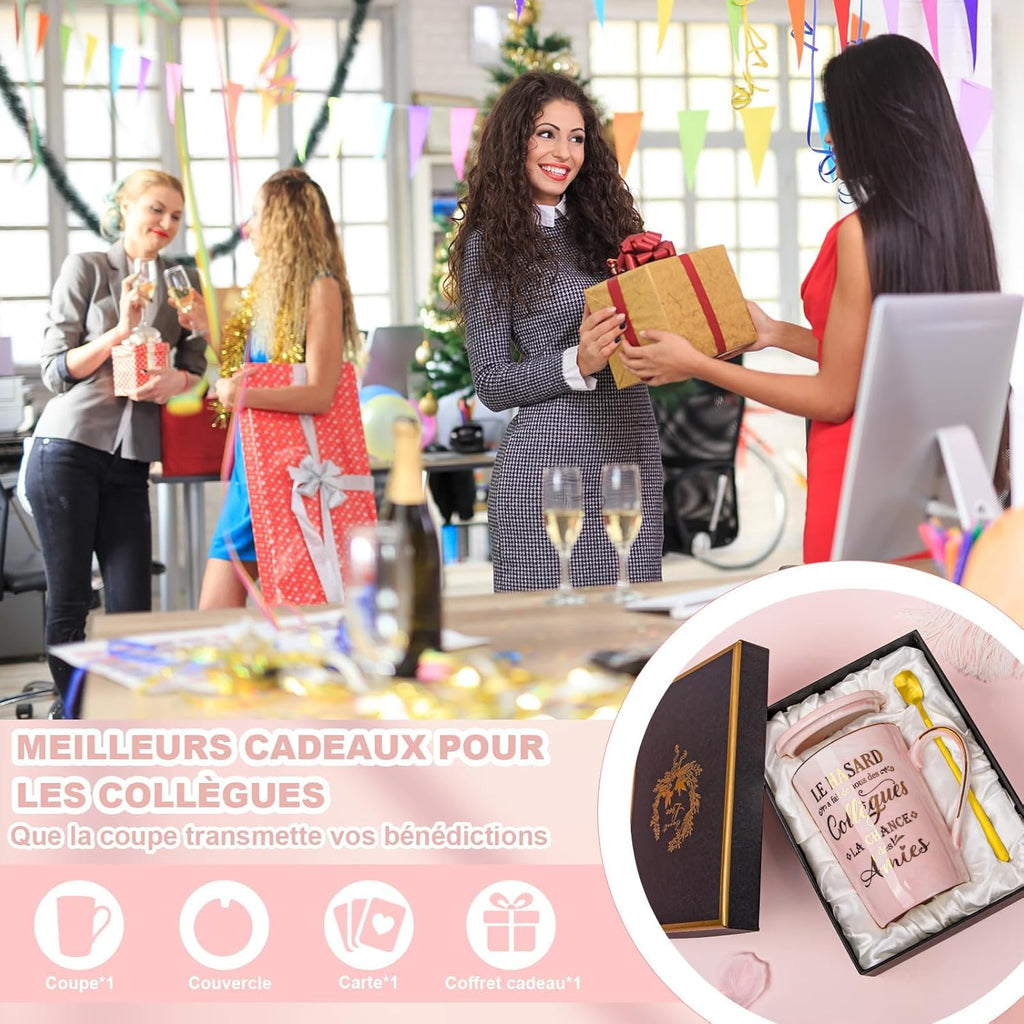 Cadeau Noël ou Départ Collègue Femme – Tasse 400 ml Rose Marbré avec Cuillère et Boîte Cadeau
