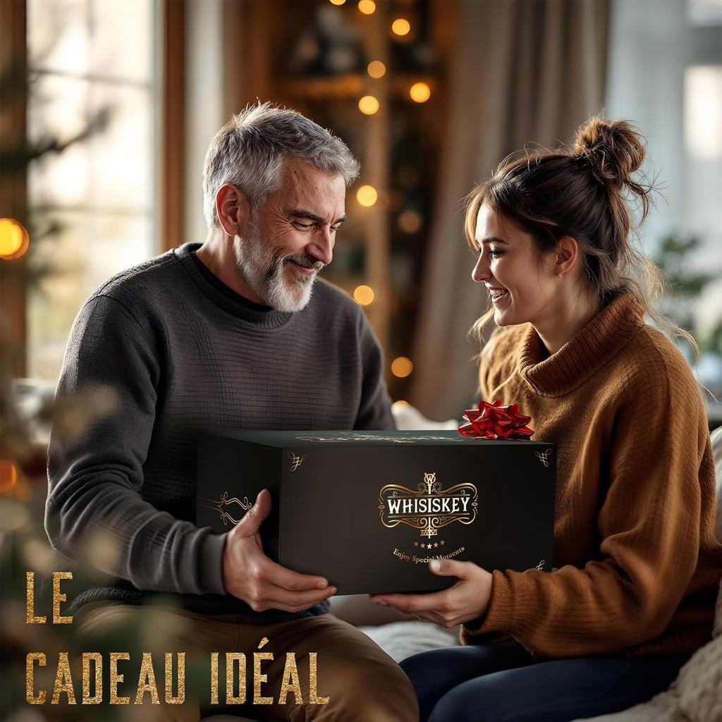 Whisiskey Coffret Cadeau Homme – Carafe à Whisky 900ml avec 2 Verres et 8 Pierres à Whisky – Accessoires de Bar Luxueux pour Noël ou Cadeau Spécial