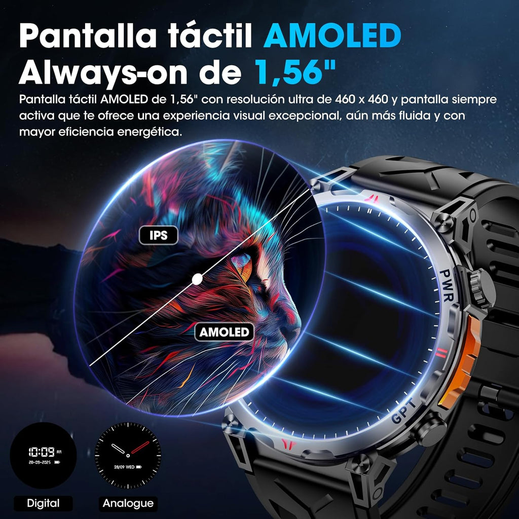 Montre Intelligente Militaire avec GPS & Boussole – Assistant Vocal GPT – Écran AMOLED 1,56" – Noir