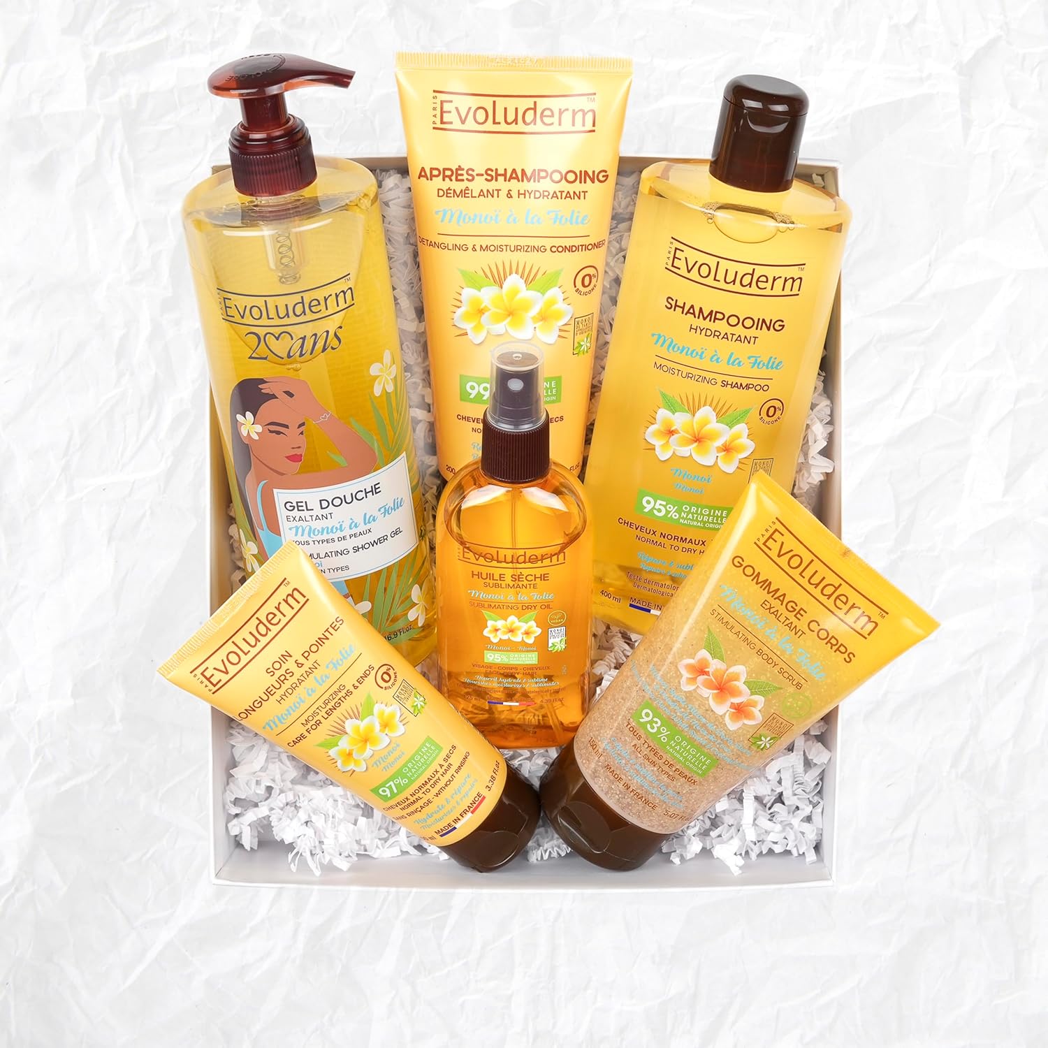 EVOLUDERM Coffret Cadeau Bain Femme Monoï de Tahiti – 6 Produits Corps & Cheveux avec Gant Exfoliant Offert – Cadeau Naturel pour Noël, Anniversaire, Fête des Mères (Magic Forest)