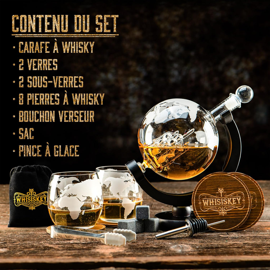Whisiskey Coffret Cadeau Homme – Carafe à Whisky 900ml avec 2 Verres et 8 Pierres à Whisky – Accessoires de Bar Luxueux pour Noël ou Cadeau Spécial