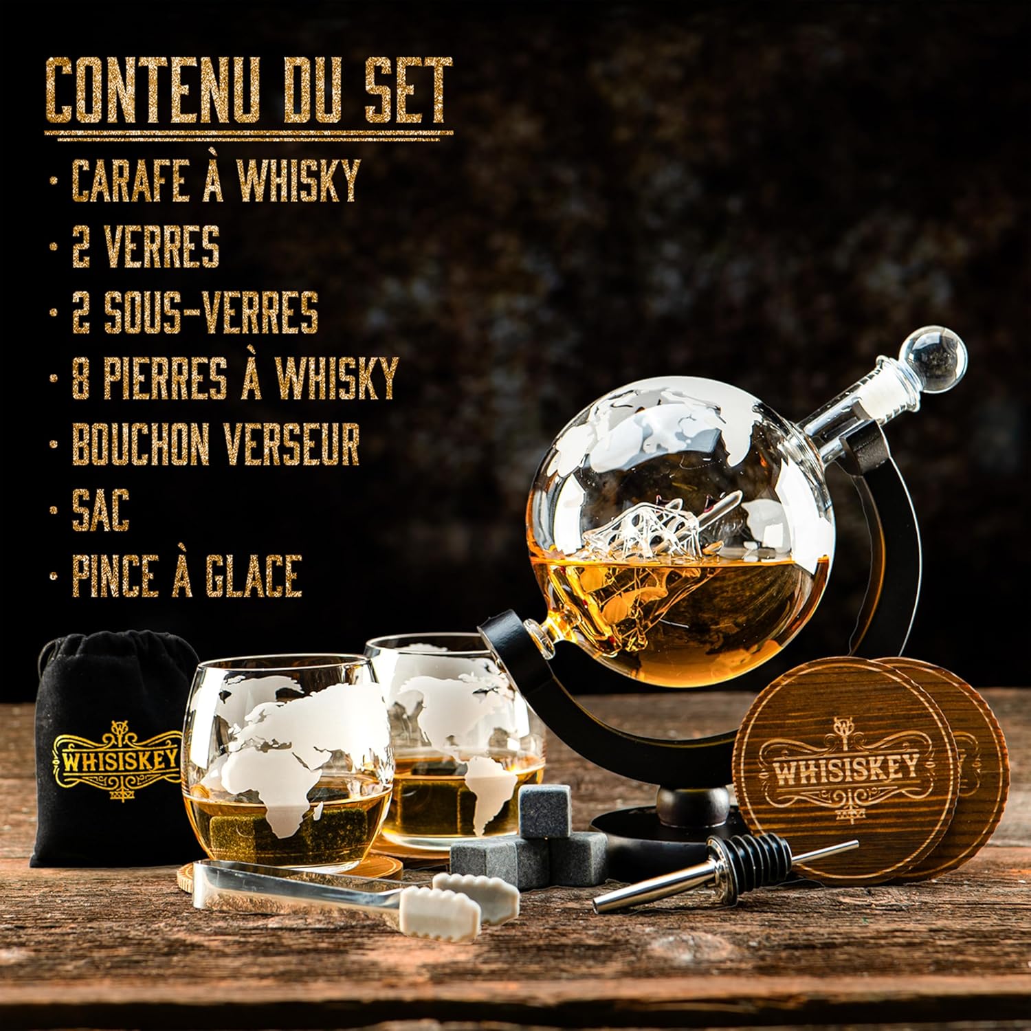 Whisiskey Coffret Cadeau Homme – Carafe à Whisky 900ml avec 2 Verres et 8 Pierres à Whisky – Accessoires de Bar Luxueux pour Noël ou Cadeau Spécial