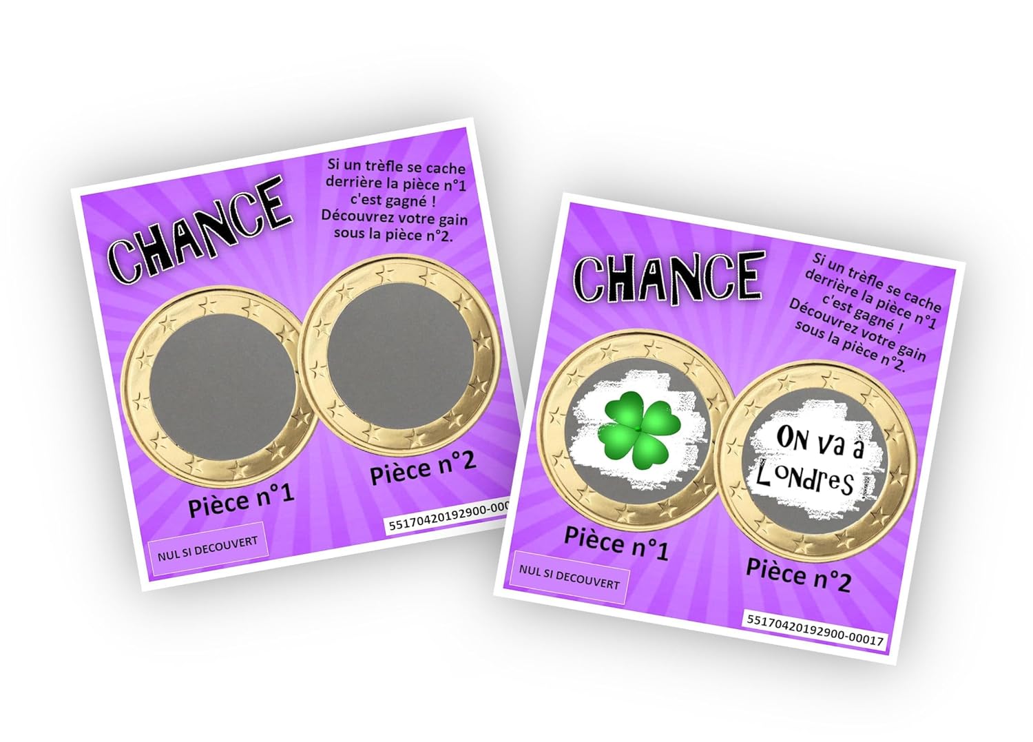 Carte à gratter personnalisable – Message au choix – Annonce originale grossesse ou événement – Modèle ticket de jeu Chance (Violet)