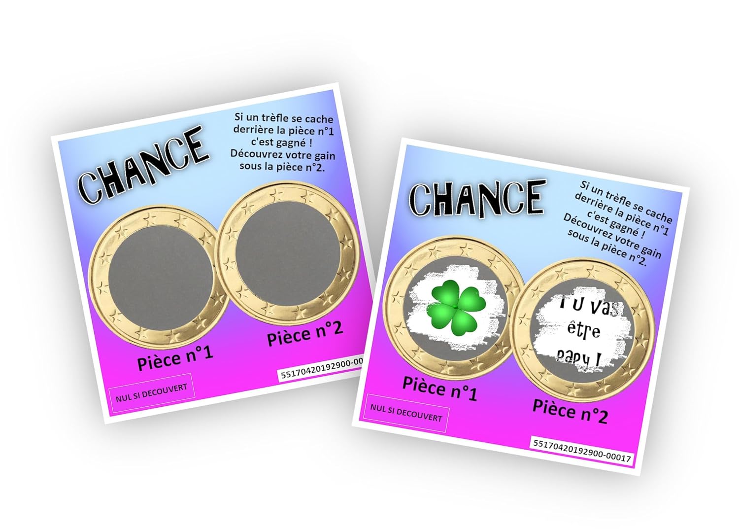 Carte à gratter personnalisable – Message au choix – Annonce originale grossesse ou événement – Modèle ticket de jeu Chance (Violet)